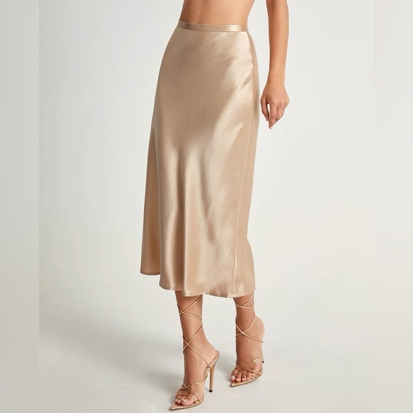 COMMONSENSE High Waisted Satin Midi Skirt Apricot - Picture 1 of 11